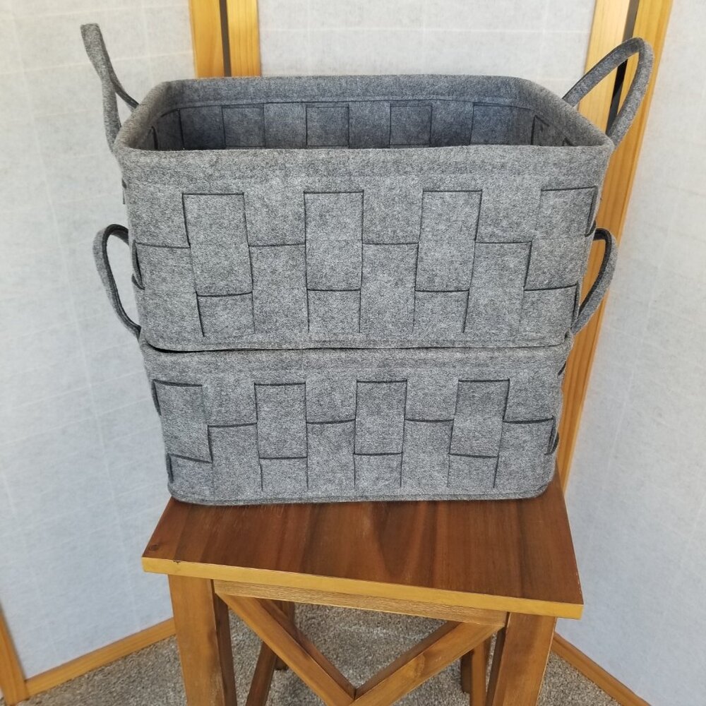 Large Flannel Felt Basket with Handle Gray Woven Set of Two 15" x 11" x 7"